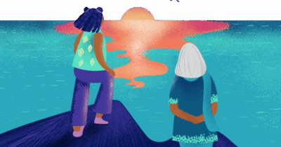 Purposeful graphic of two women overlooking a sunset over water