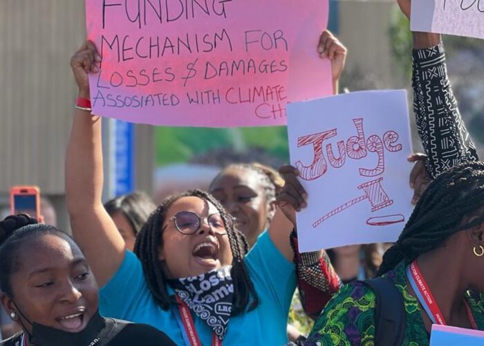 WEDO gender justice protest participants holding signs