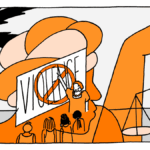 animated poster that states "VIOLENCE" with a cross-out sign on top