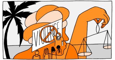 animated poster that states "VIOLENCE" with a cross-out sign on top