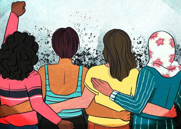 Femena artwork depicting four female friends protesting in solidarity