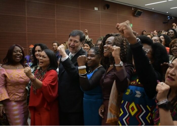 Colmena Page 3 Group of women in cultural attire raise their fists in conviction.
