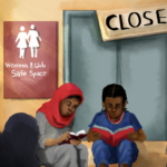 Two young girls sit in front of what was formerly the Women & Girls Safe Space but now closed.